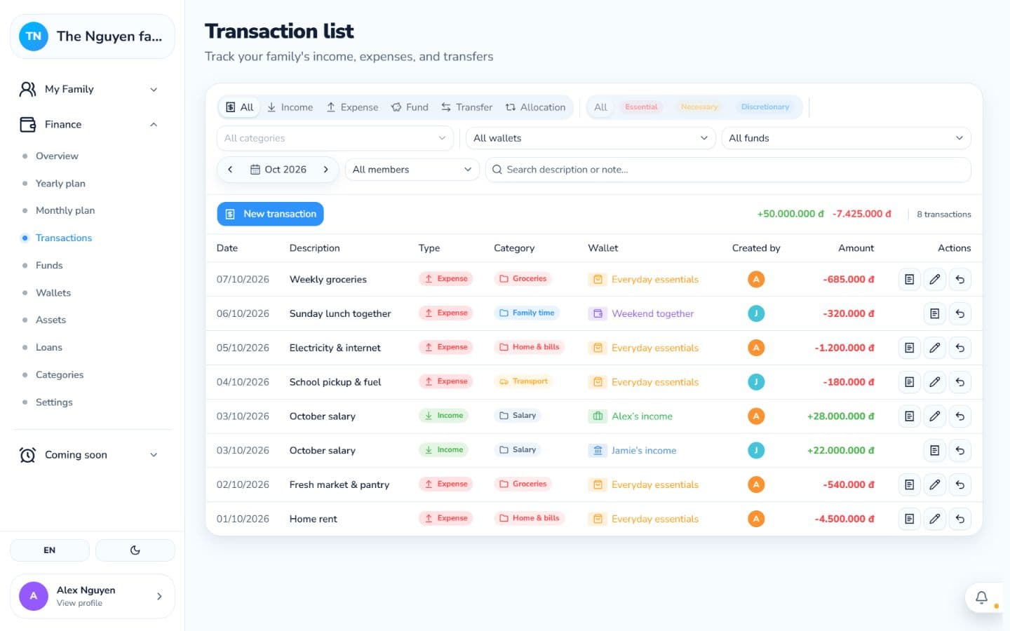 DTFam transaction history with sample groceries, household bills, and salary entries